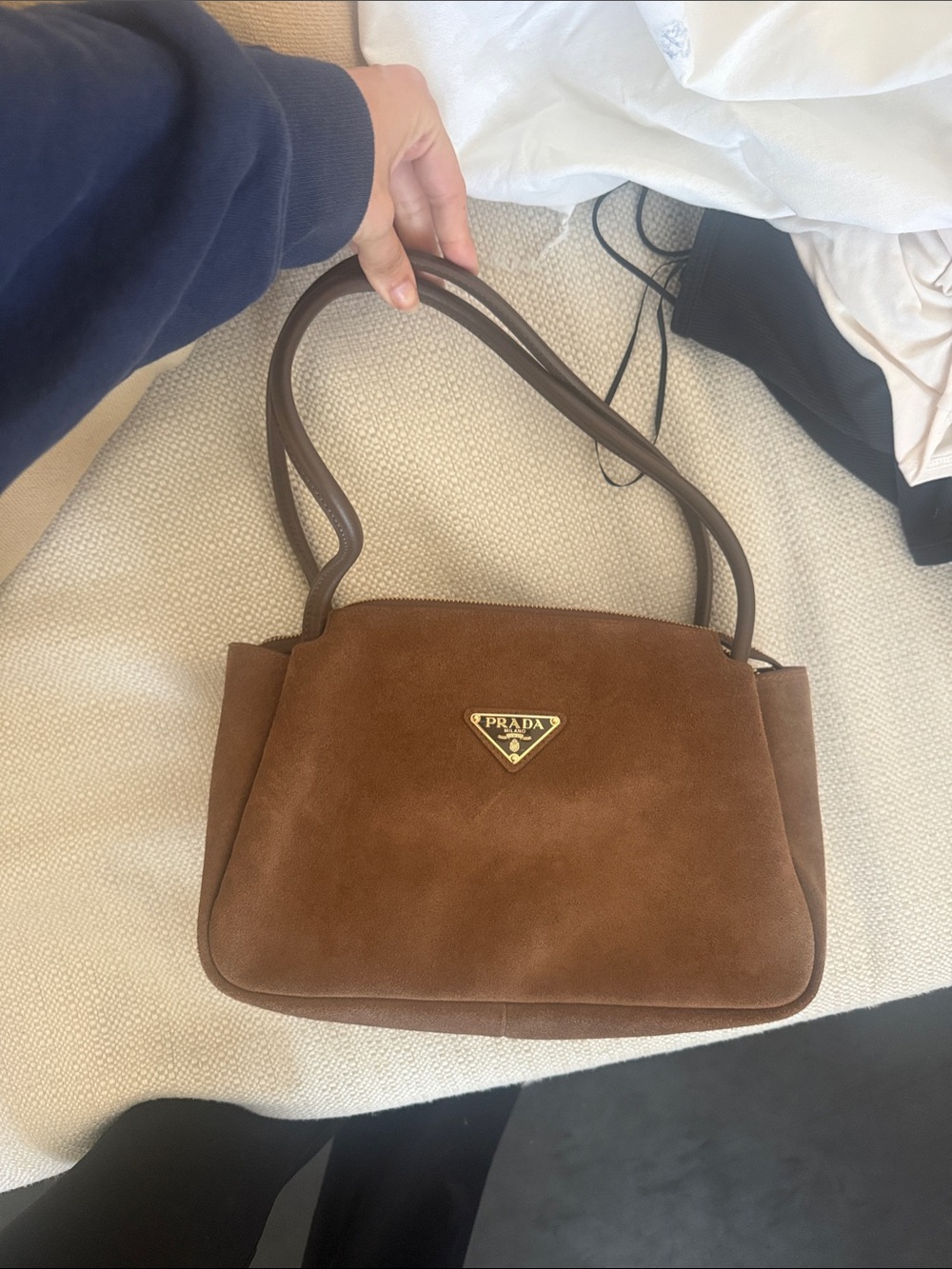 Designer Prada Suede Shoulder Bag in Brown with Gold Logo
